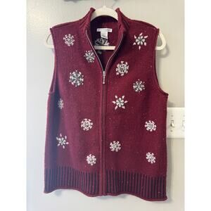Woman's Hannah Zip Up Sweater Vest Winter Scene Snowflakes Y2K Wool Blend Multi